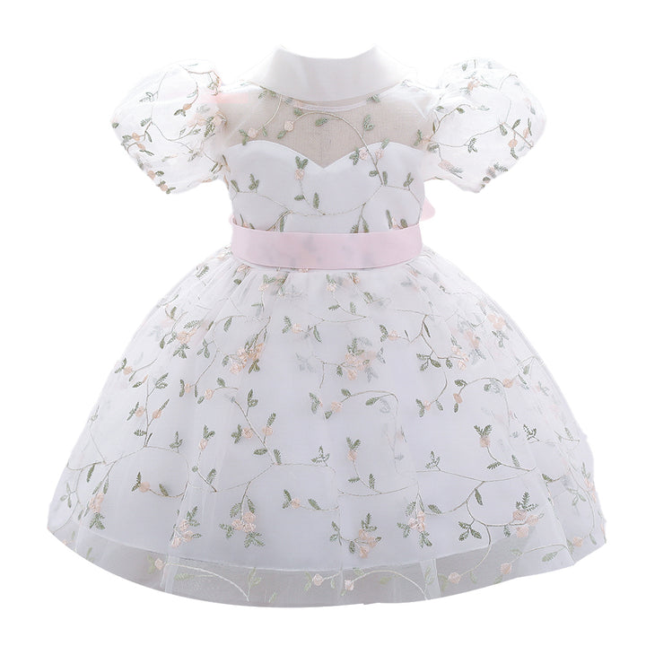 Girls White Floral Print  Applique Fit & Flare Dress