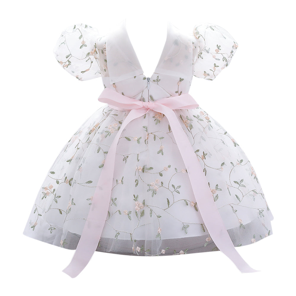Girls White Floral Print  Applique Fit & Flare Dress