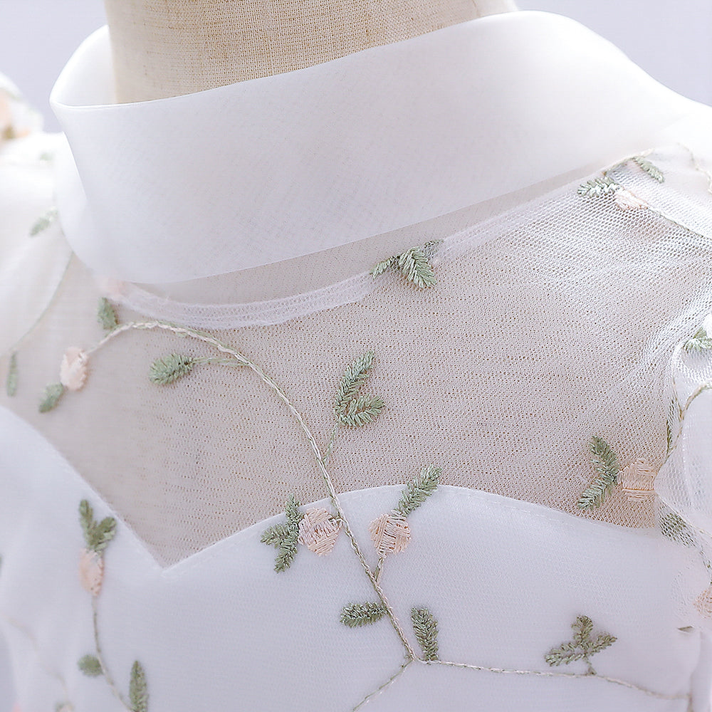 Girls White Floral Print  Applique Fit & Flare Dress