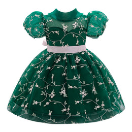 Girls Green Floral Printed Puff Sleeve Fit & Flare Dress