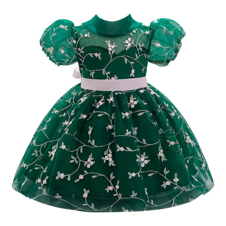 Girls Green Floral Printed Puff Sleeve Fit & Flare Dress