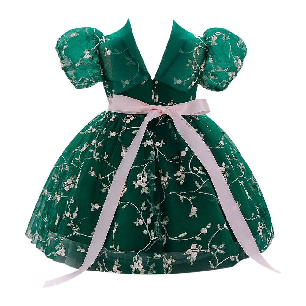 Girls Green Floral Printed Puff Sleeve Fit & Flare Dress
