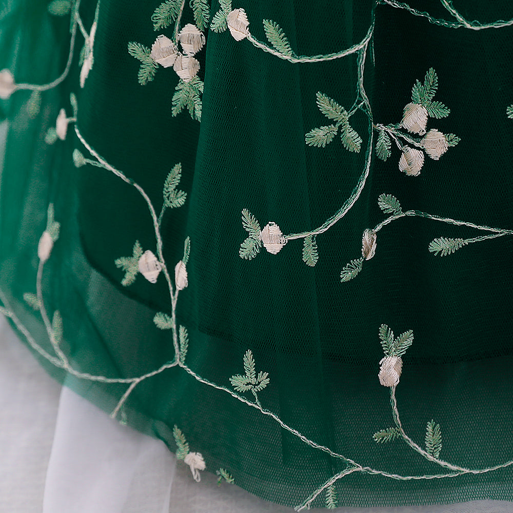 Girls Green Floral Printed Puff Sleeve Fit & Flare Dress