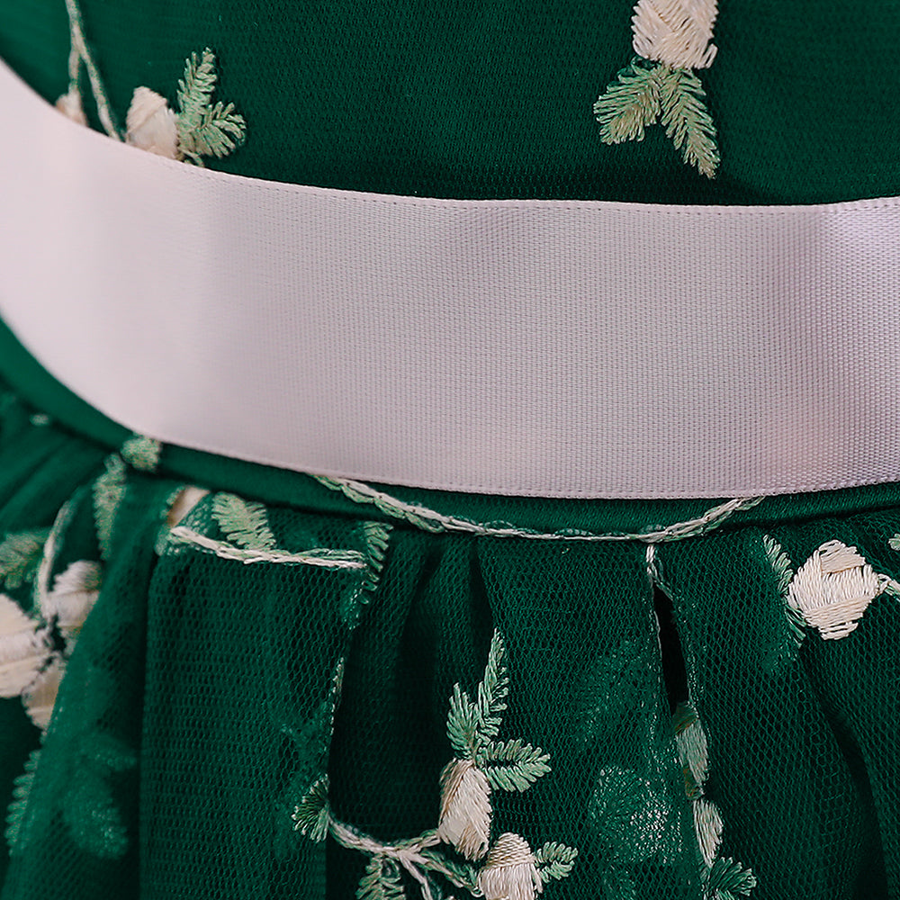 Girls Green Floral Printed Puff Sleeve Fit & Flare Dress