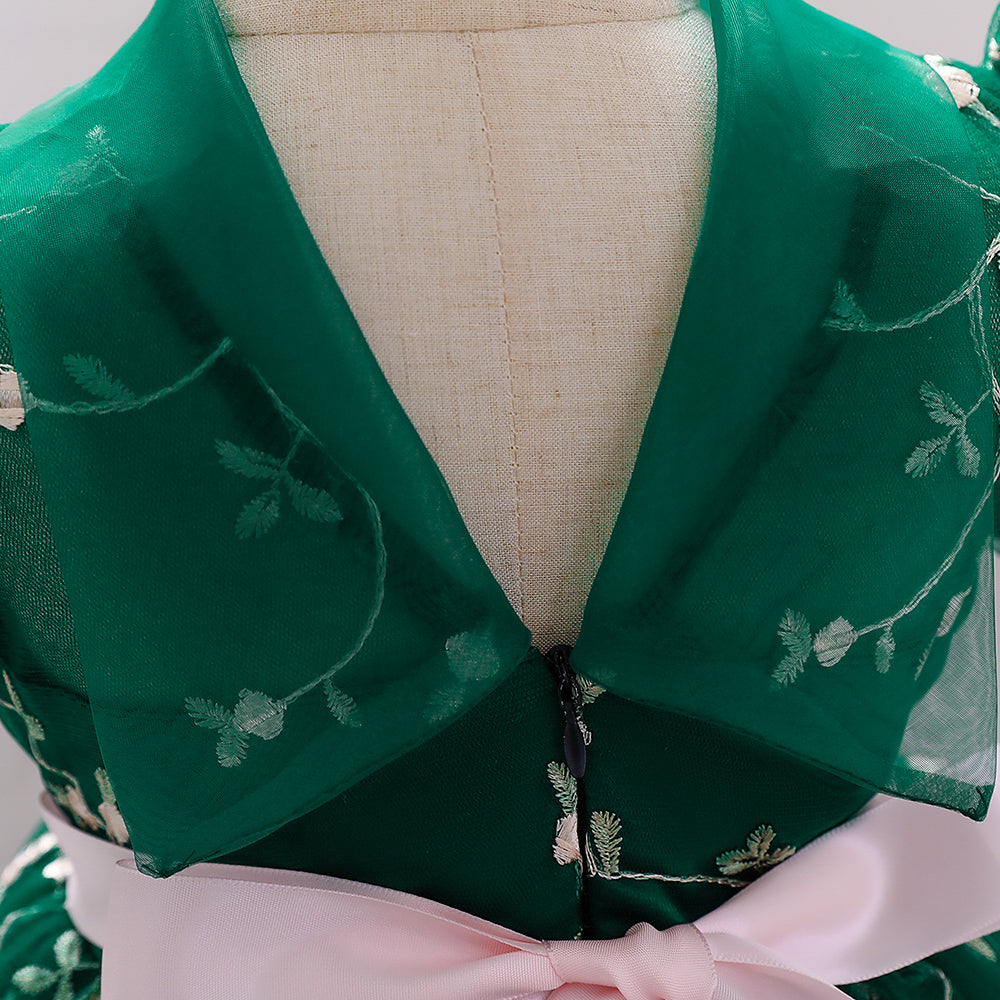 Girls Green Floral Printed Puff Sleeve Fit & Flare Dress
