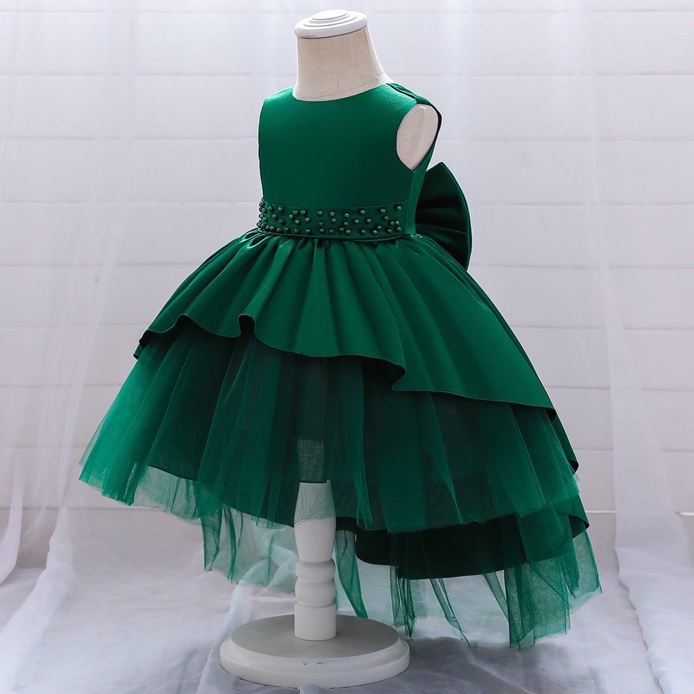 Girls Green Sleeveless Layered Ballon Dress