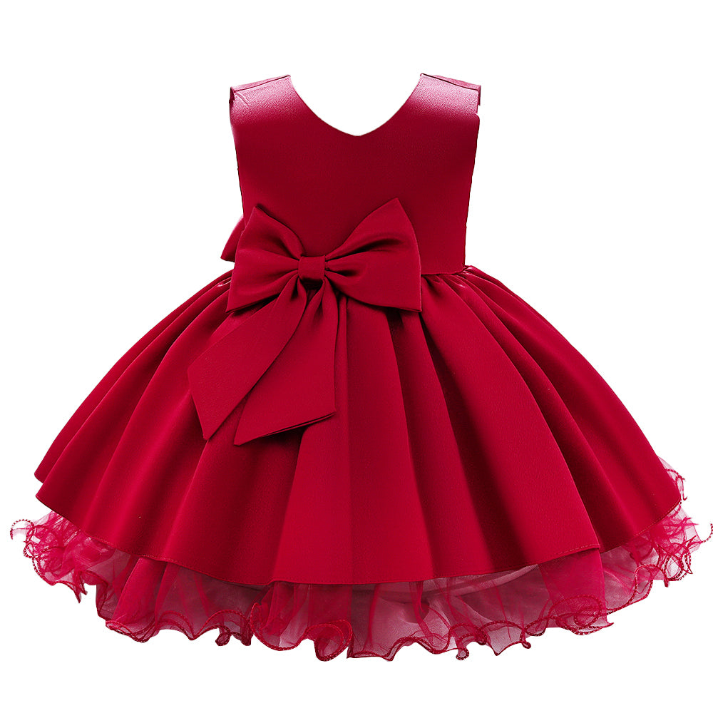 Girls Red V-Neck Bow Detail Balloon Dress