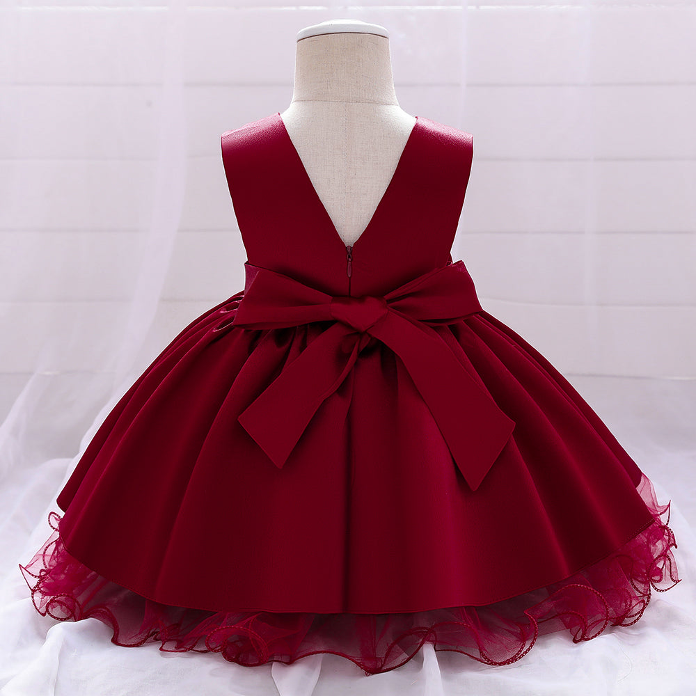 Girls Red V-Neck Bow Detail Balloon Dress