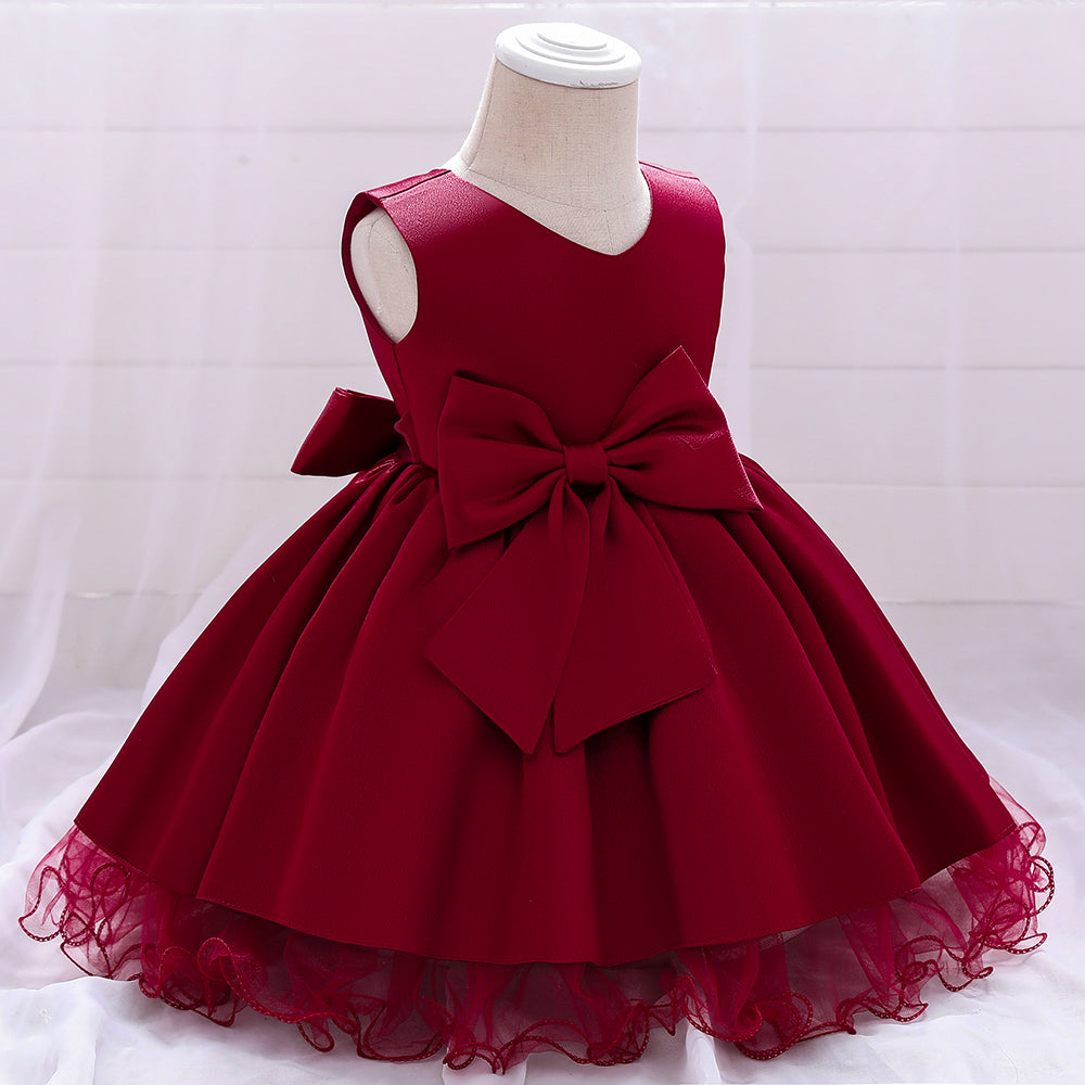 Girls Red V-Neck Bow Detail Balloon Dress