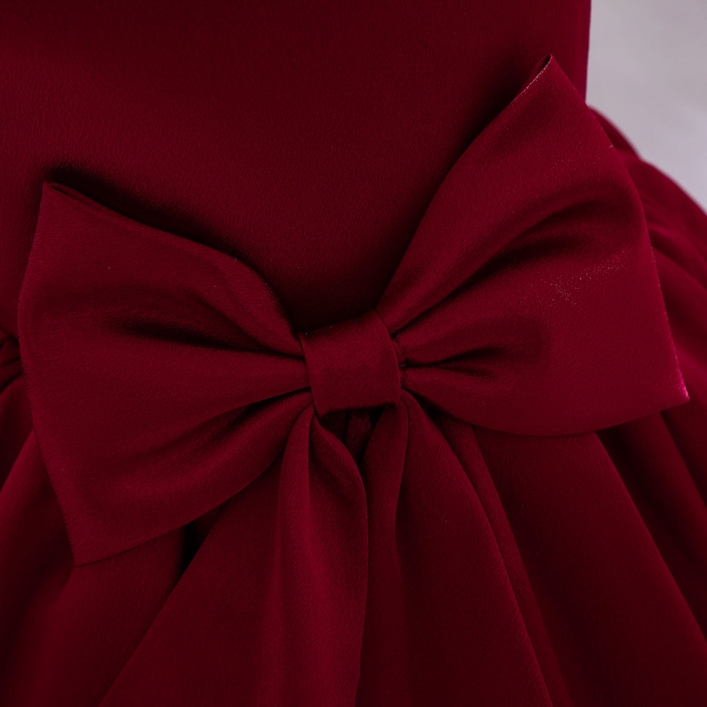 Girls Red V-Neck Bow Detail Balloon Dress