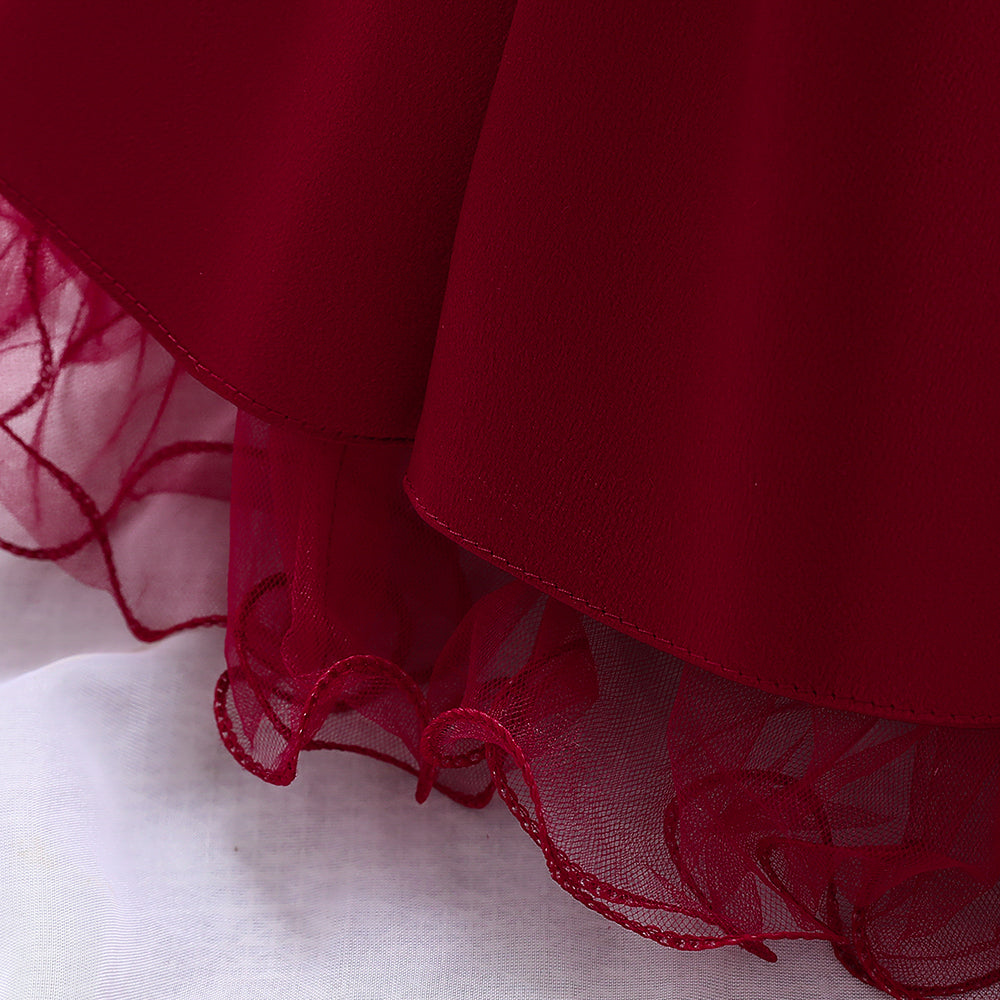 Girls Red V-Neck Bow Detail Balloon Dress