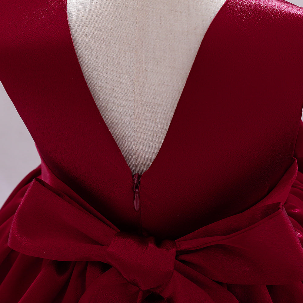 Girls Red V-Neck Bow Detail Balloon Dress
