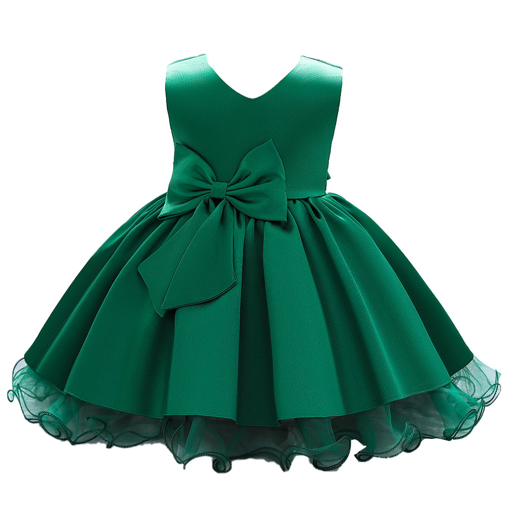 Girls Green V-Neck Bow Gathered Balloon Midi Dress