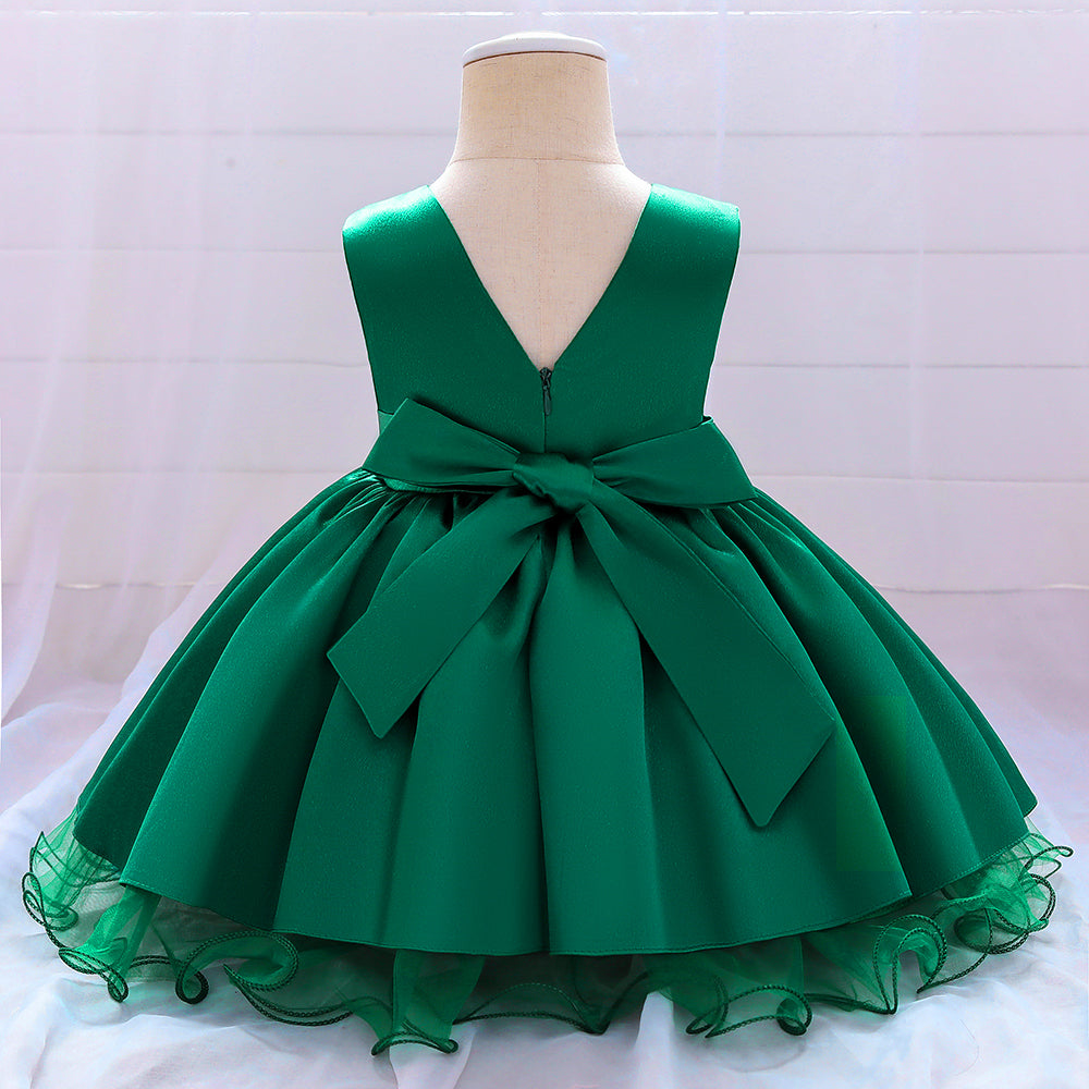 Girls Green V-Neck Bow Gathered Balloon Midi Dress