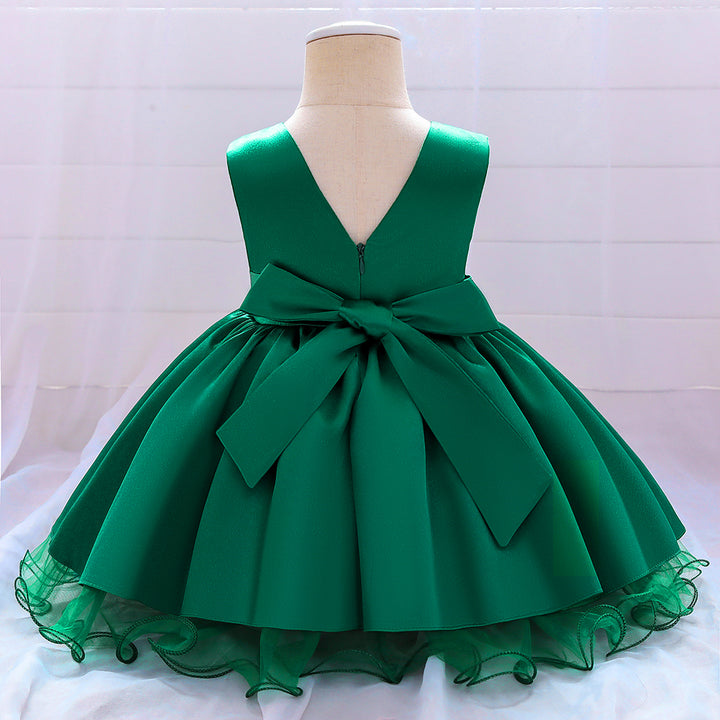 Girls Green V-Neck Bow Gathered Balloon Midi Dress