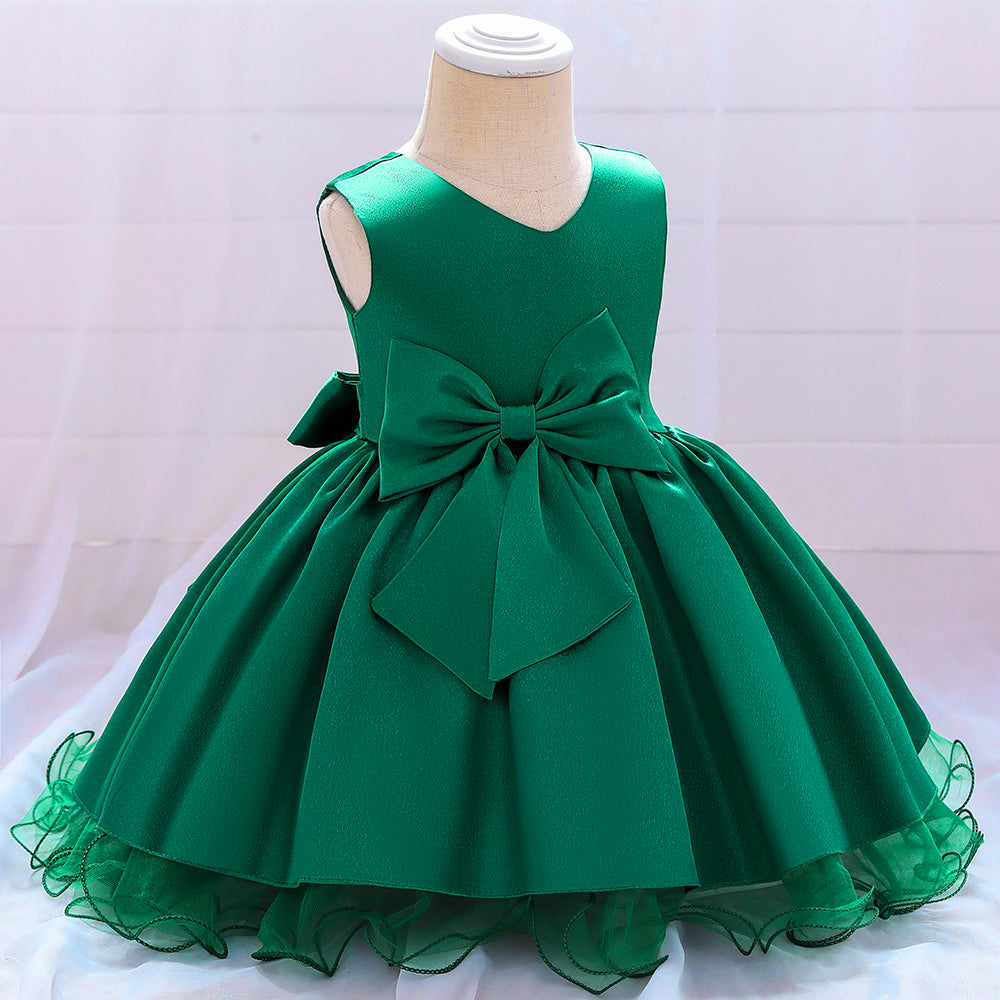 Girls Green V-Neck Bow Gathered Balloon Midi Dress