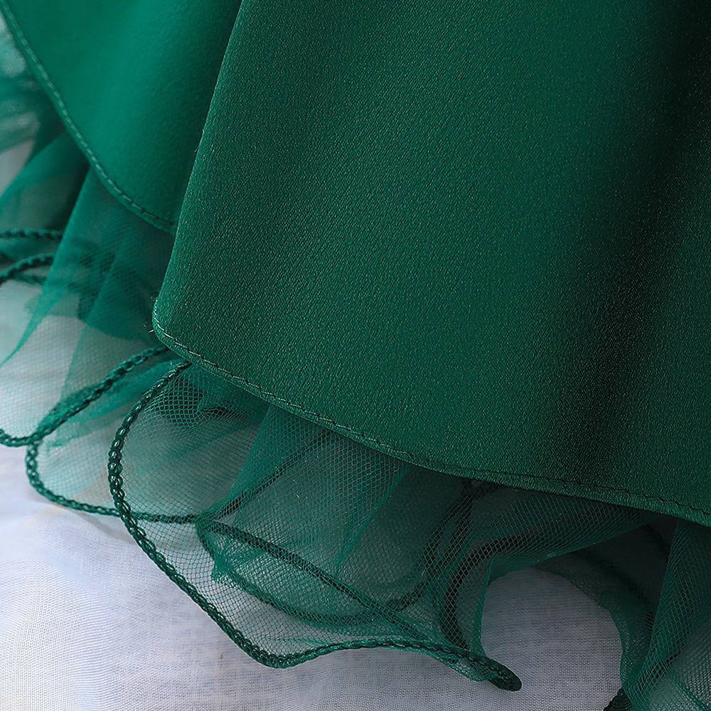 Girls Green V-Neck Bow Gathered Balloon Midi Dress
