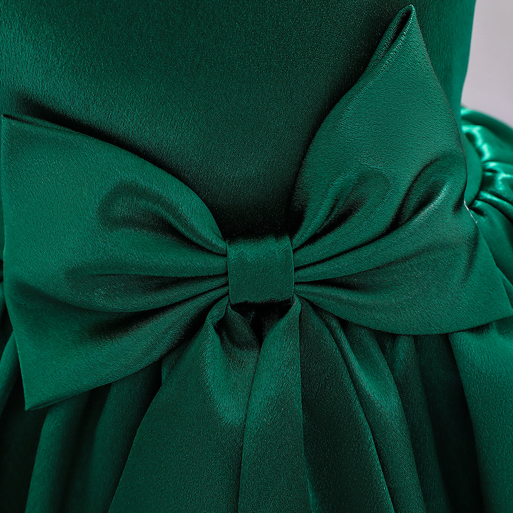 Girls Green V-Neck Bow Gathered Balloon Midi Dress