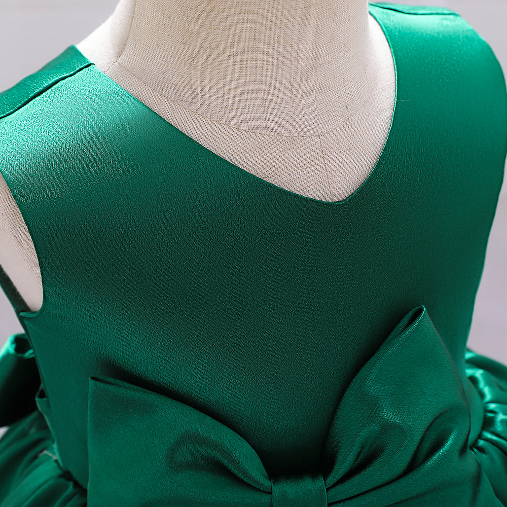 Girls Green V-Neck Bow Gathered Balloon Midi Dress