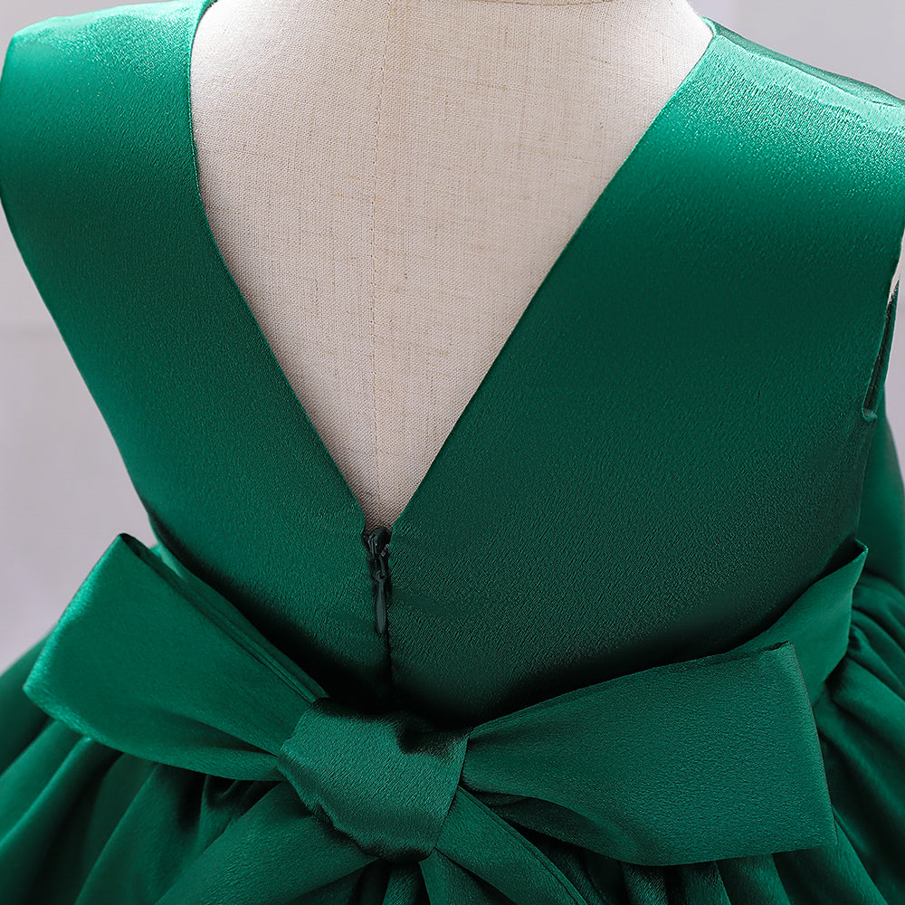 Girls Green V-Neck Bow Gathered Balloon Midi Dress