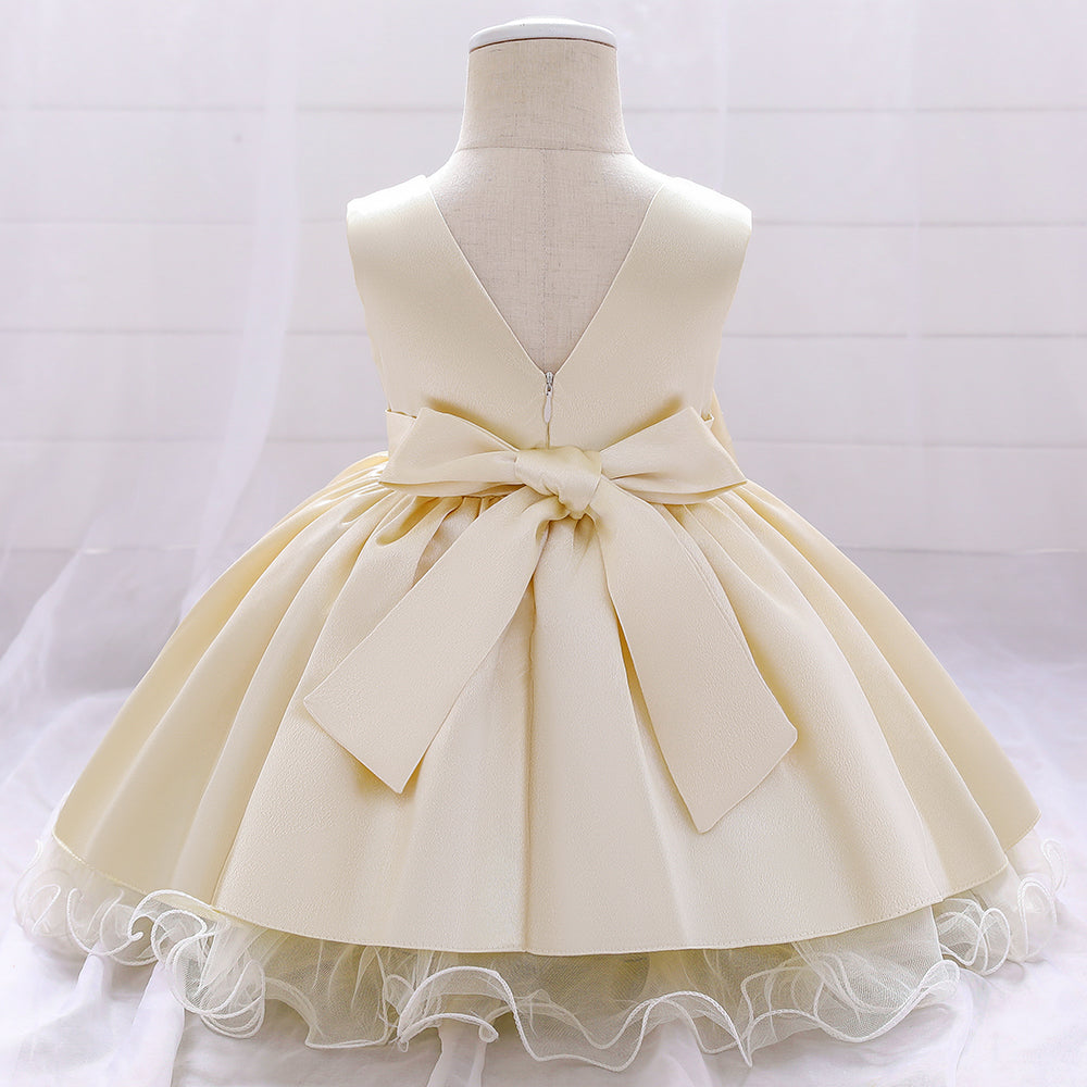Girls Champagne V-Neck Bow Fit & Flare Mini Dress