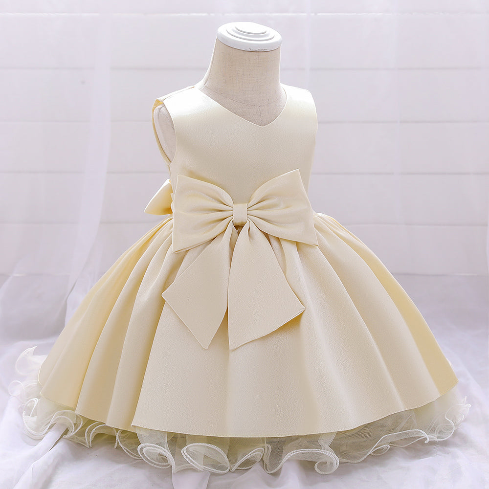 Girls Champagne V-Neck Bow Fit & Flare Mini Dress
