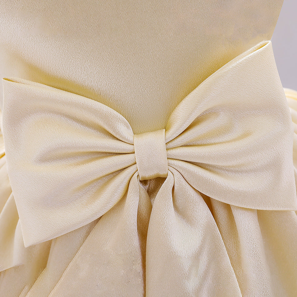 Girls Champagne V-Neck Bow Fit & Flare Mini Dress