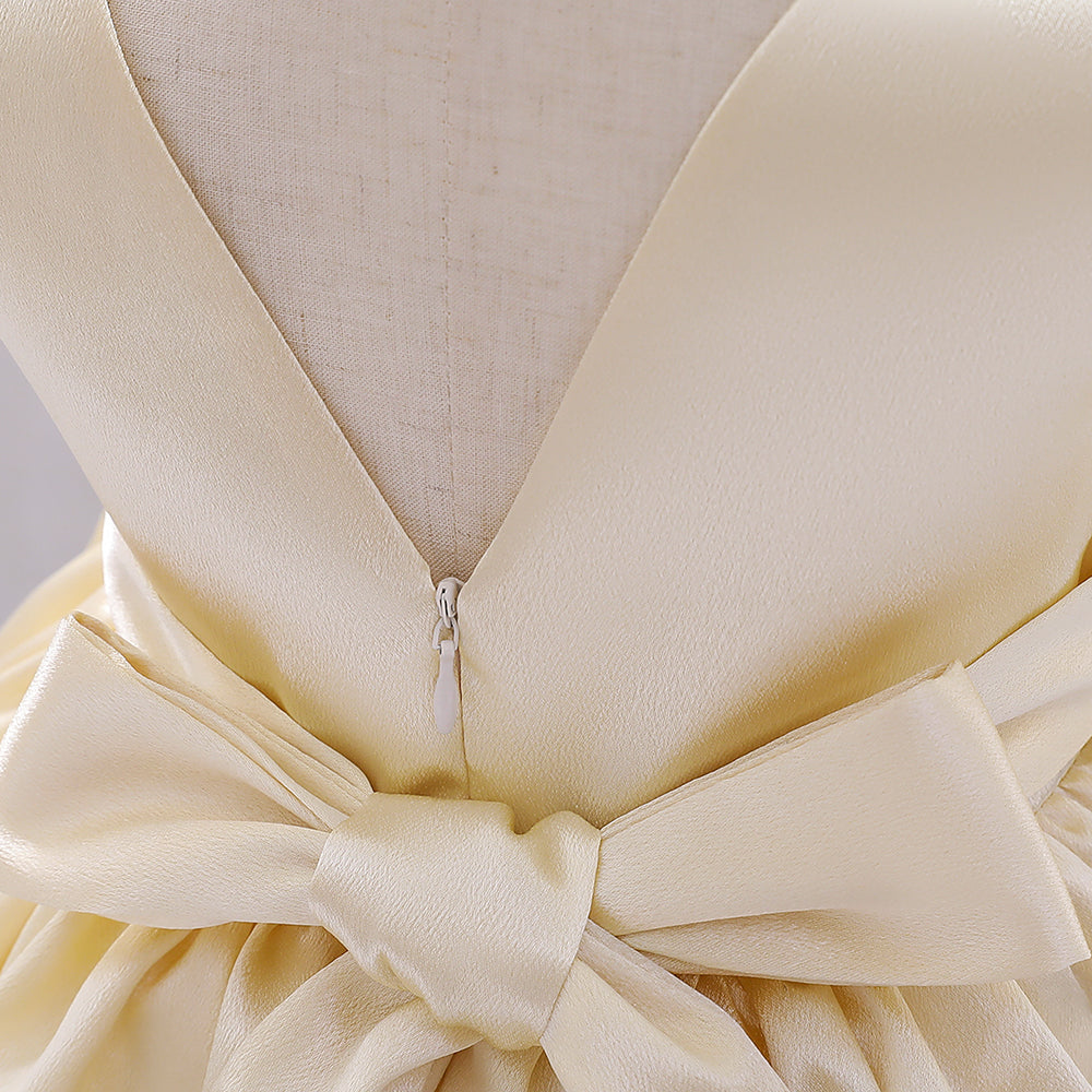 Girls Champagne V-Neck Bow Fit & Flare Mini Dress
