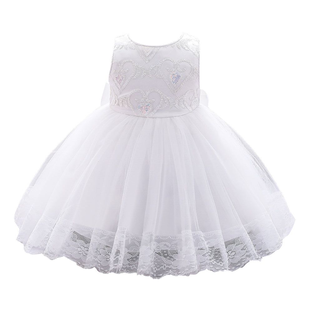 Girls White Floral Embroidered Net Balloon Dress