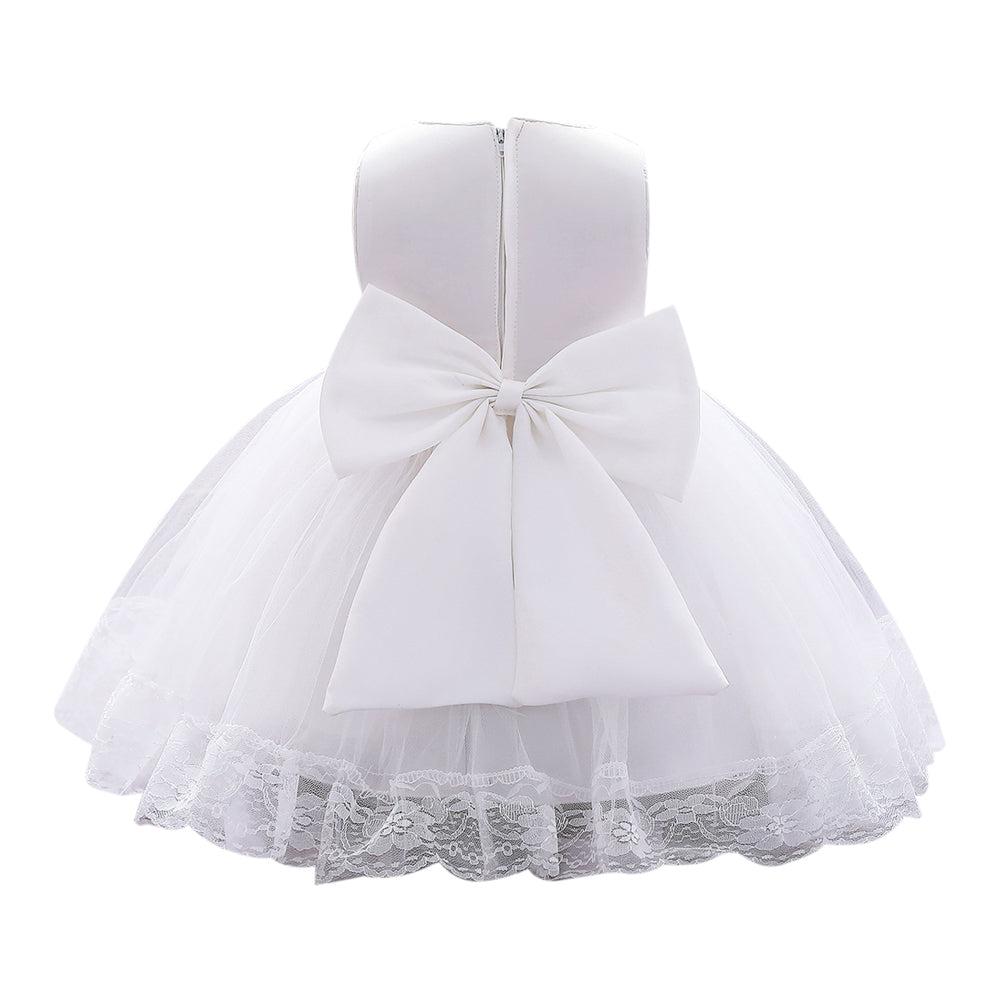 Girls White Floral Embroidered Net Balloon Dress