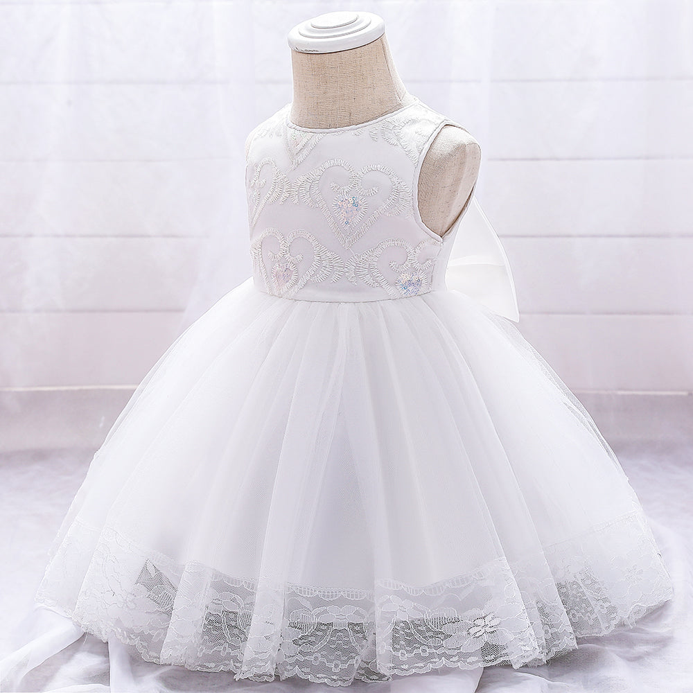 Girls White Floral Embroidered Net Balloon Dress