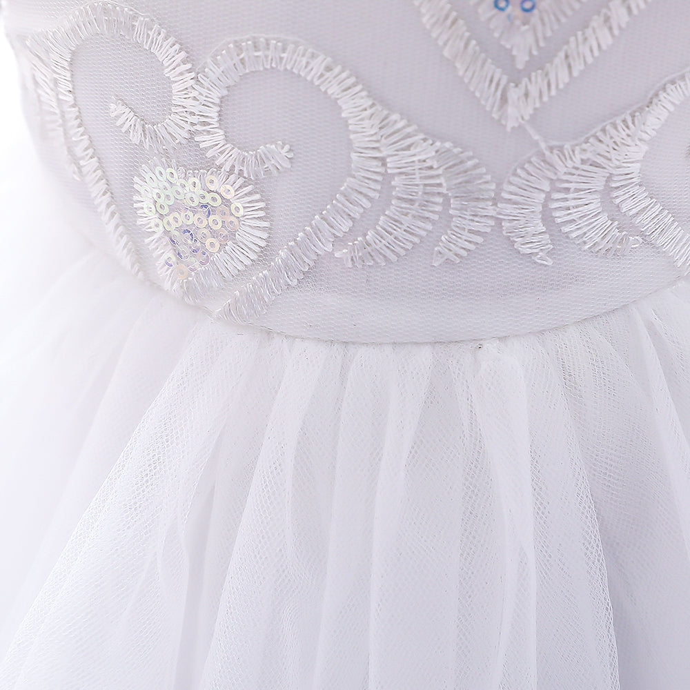 Girls White Floral Embroidered Net Balloon Dress