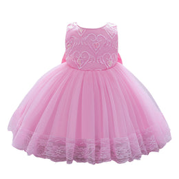 Girls Pink Self Design Sequinned & bow Detail Net Balloon Dress