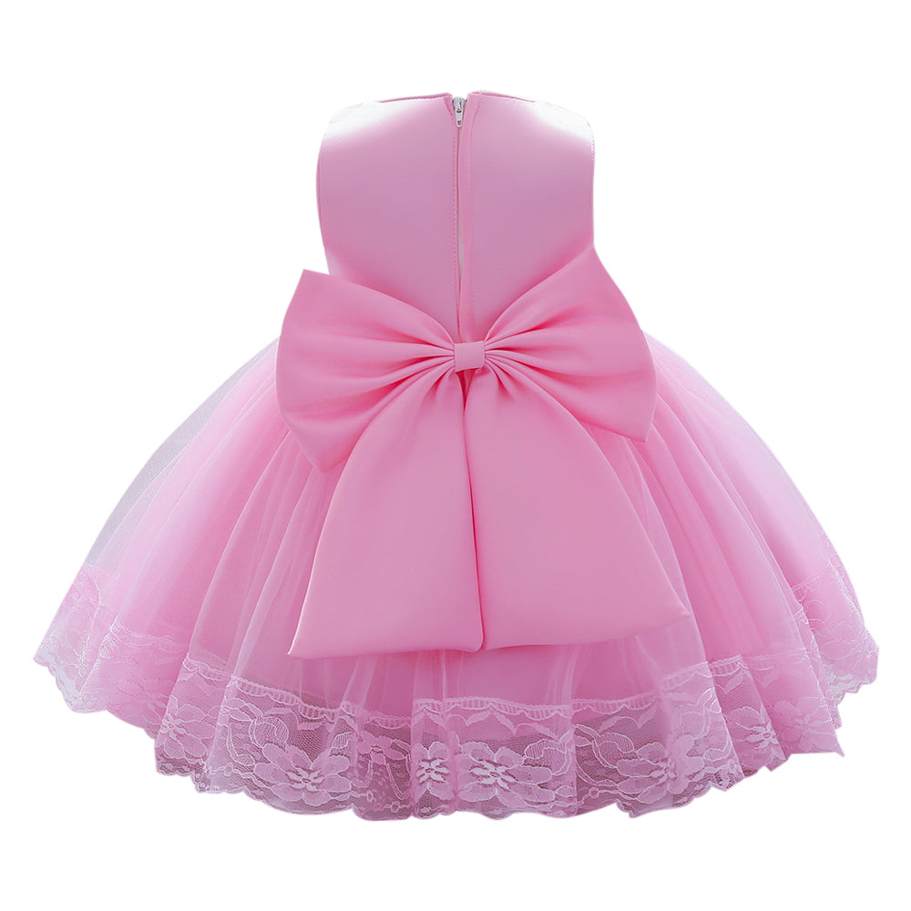 Girls Pink Self Design Sequinned & bow Detail Net Balloon Dress