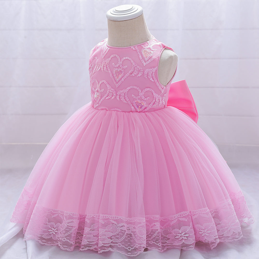 Girls Pink Self Design Sequinned & bow Detail Net Balloon Dress