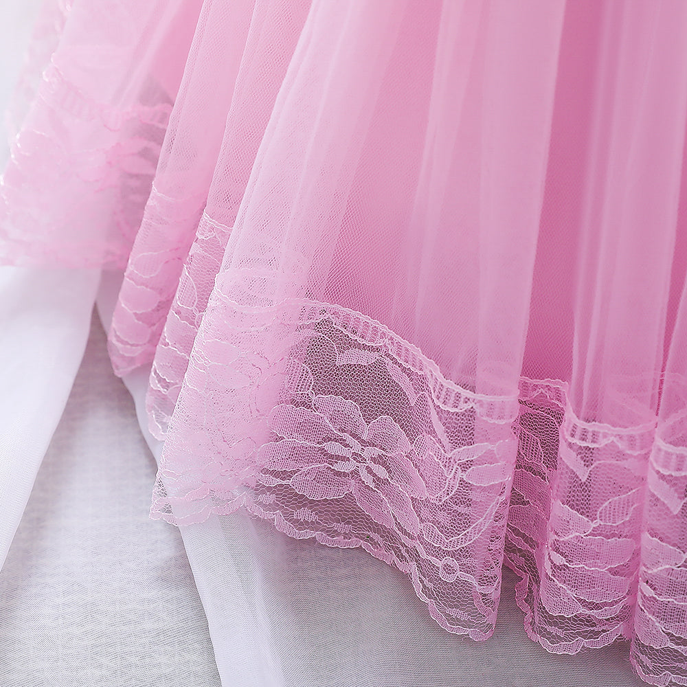 Girls Pink Self Design Sequinned & bow Detail Net Balloon Dress