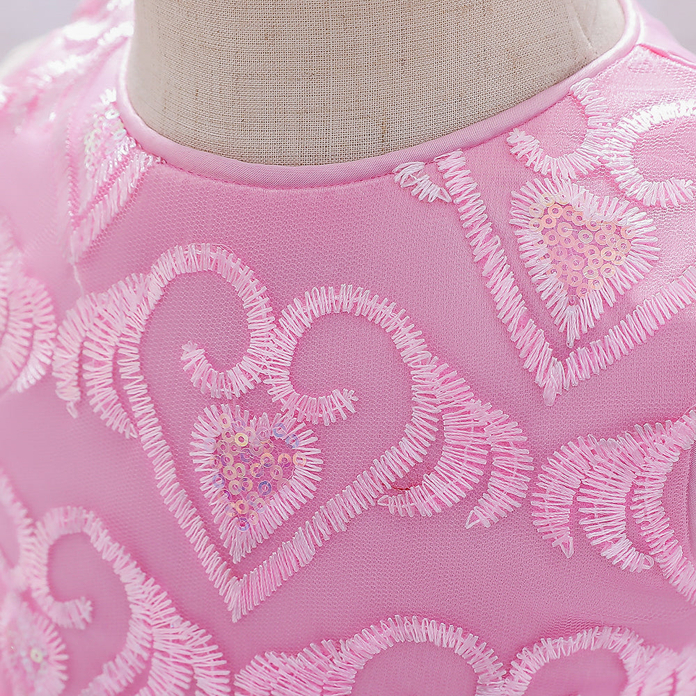Girls Pink Self Design Sequinned & bow Detail Net Balloon Dress