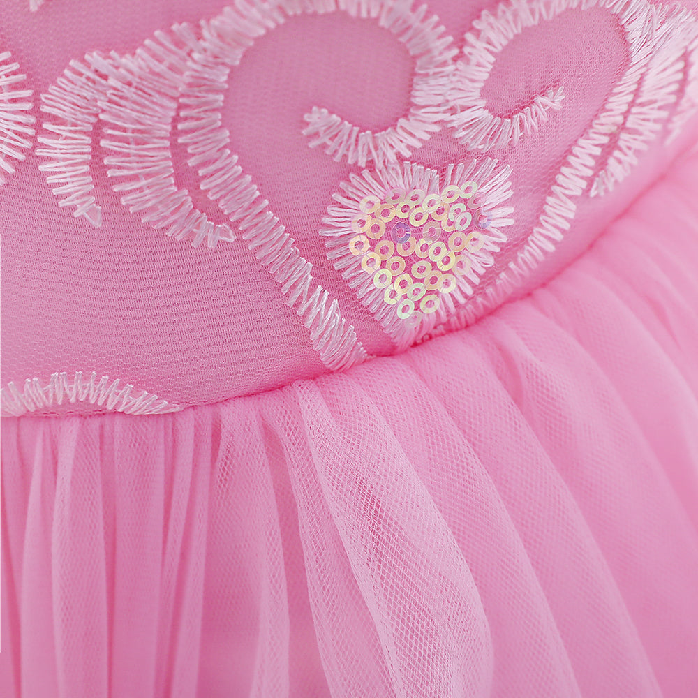 Girls Pink Self Design Sequinned & bow Detail Net Balloon Dress