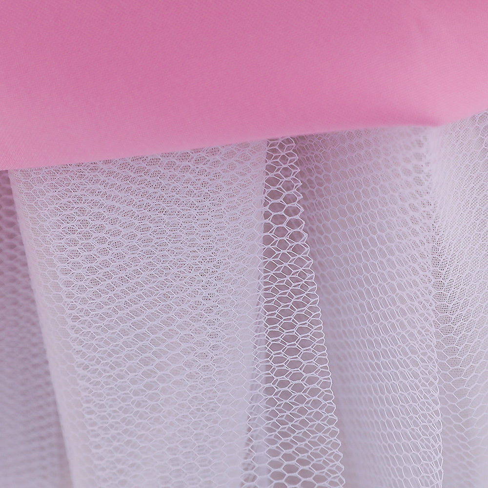 Girls Pink Self Design Sequinned & bow Detail Net Balloon Dress