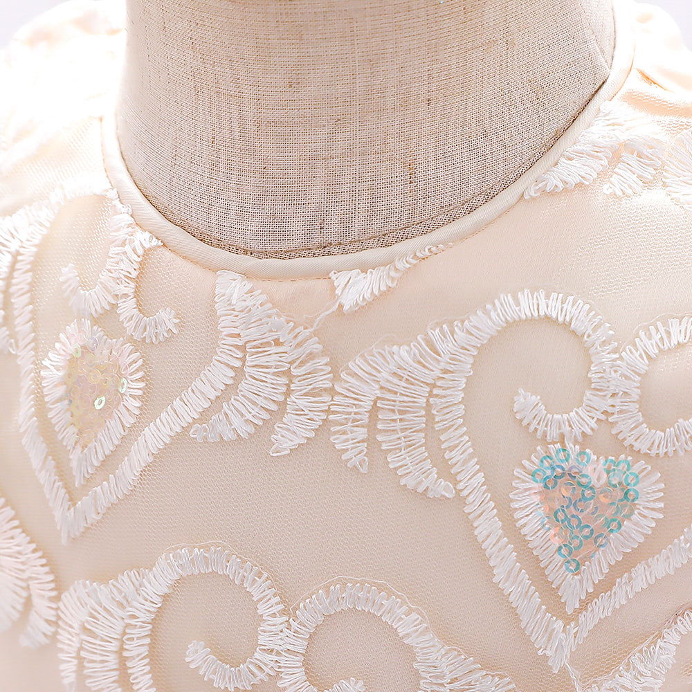 Beige & White Floral Embroidered Fit & Flare Dress