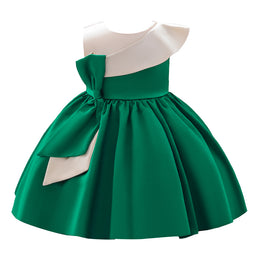 Green & Off White Girls Colourblocked Bow Detailed Sleeveless Fit & Flare Dress