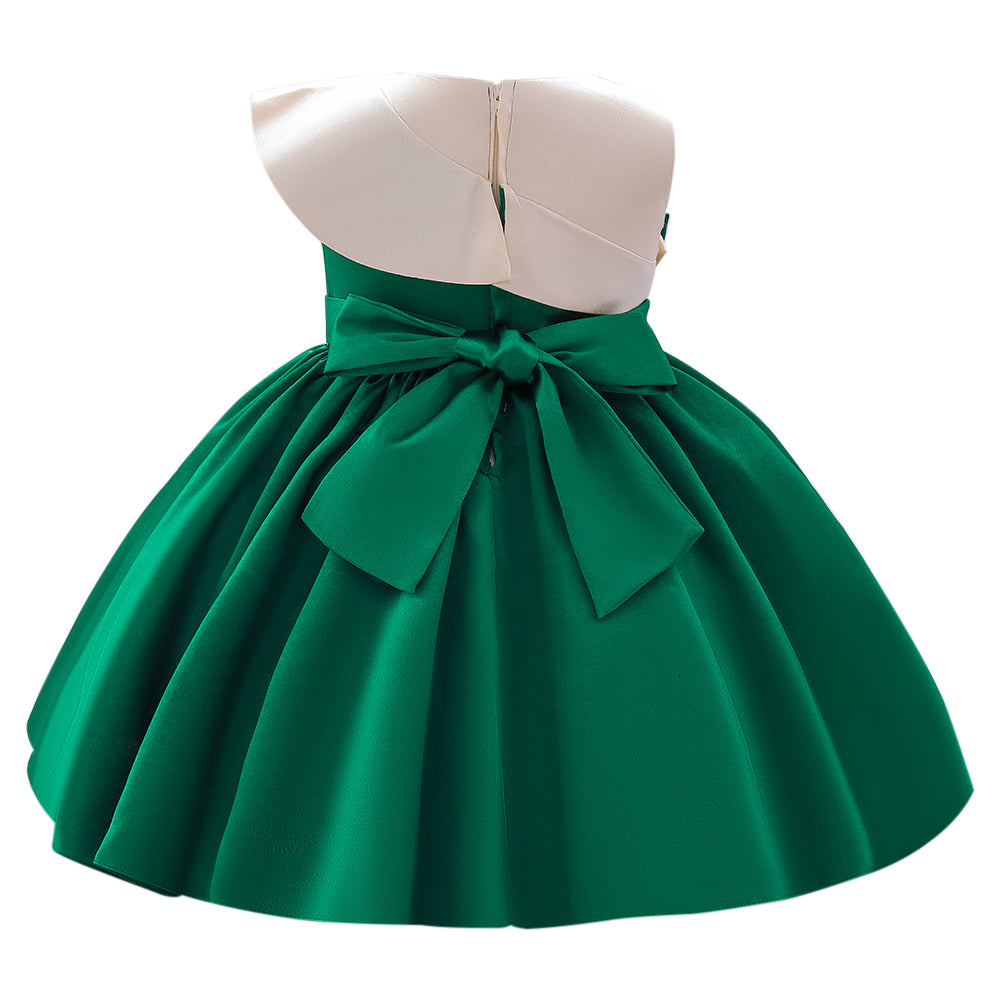 Green & Off White Girls Colourblocked Bow Detailed Sleeveless Fit & Flare Dress