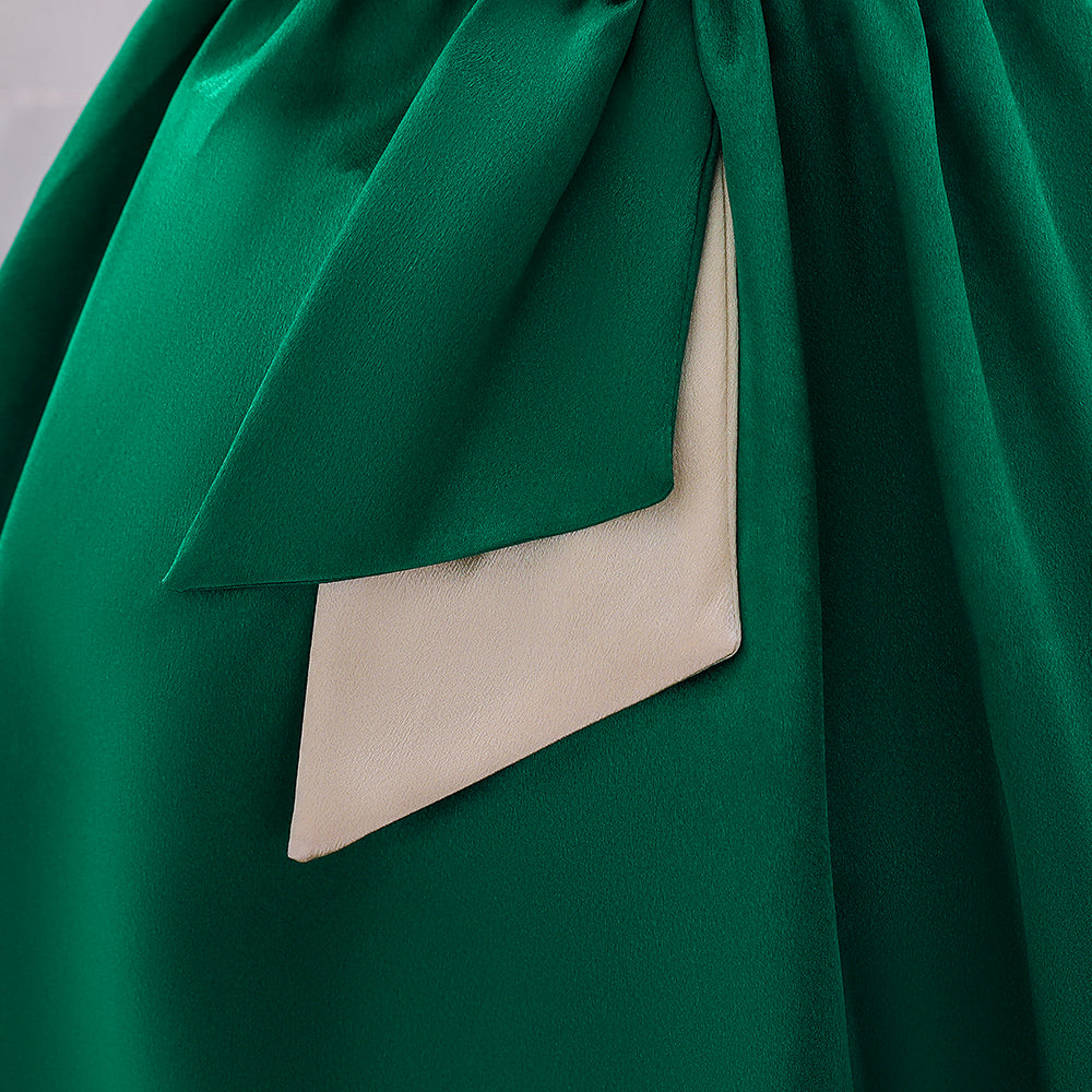 Green & Off White Girls Colourblocked Bow Detailed Sleeveless Fit & Flare Dress
