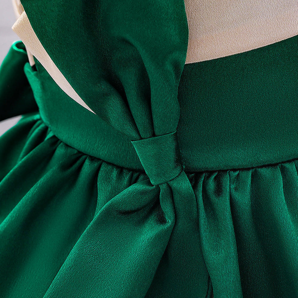 Green & Off White Girls Colourblocked Bow Detailed Sleeveless Fit & Flare Dress