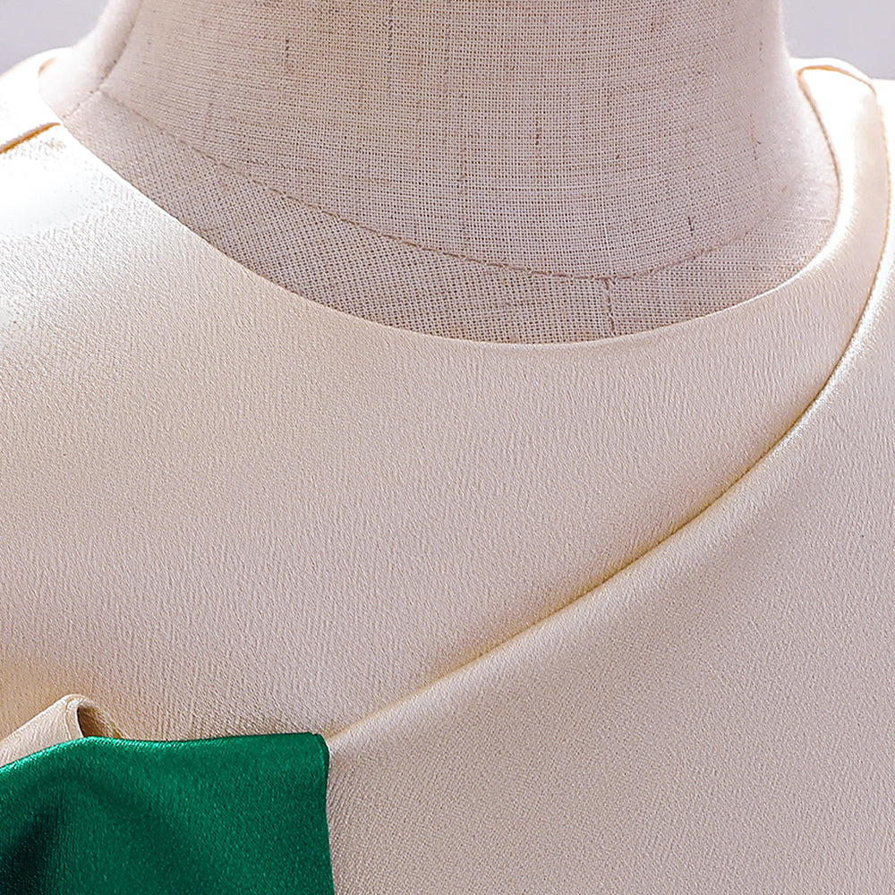 Green & Off White Girls Colourblocked Bow Detailed Sleeveless Fit & Flare Dress