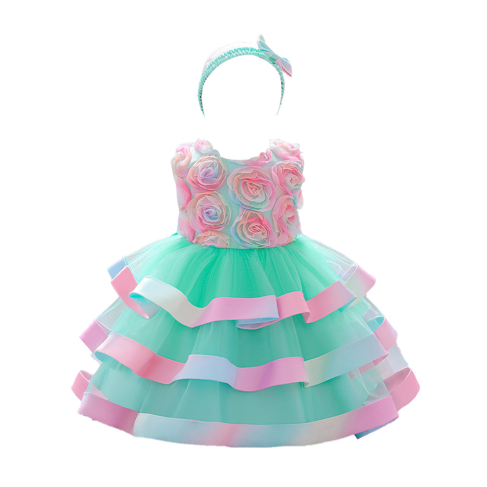 Girls Embellished Round Neck Sleeveless Layered Fit & Flare Dress