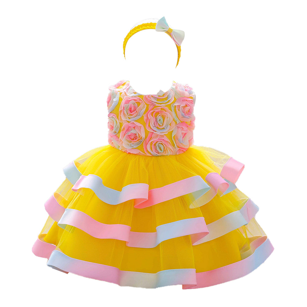 Girls Yellow Floral Round Neck Bow Fit & Flare Dress