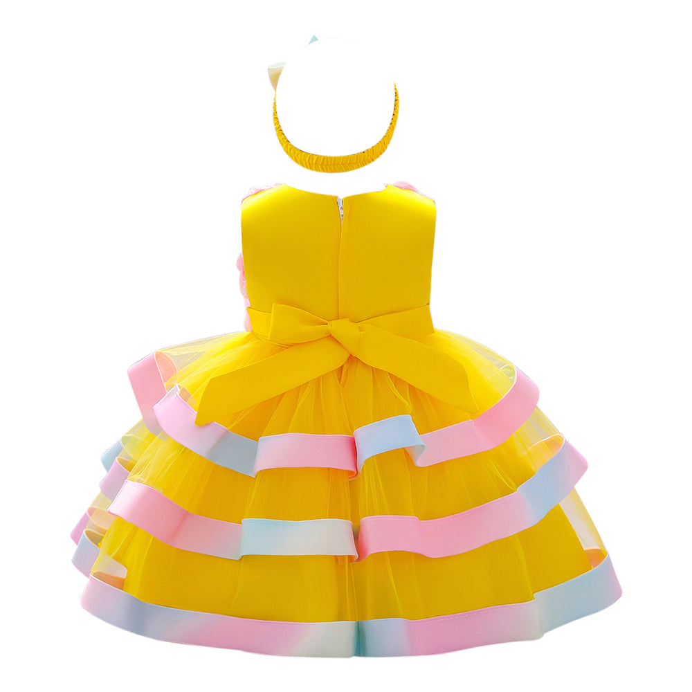 Girls Yellow Floral Round Neck Bow Fit & Flare Dress