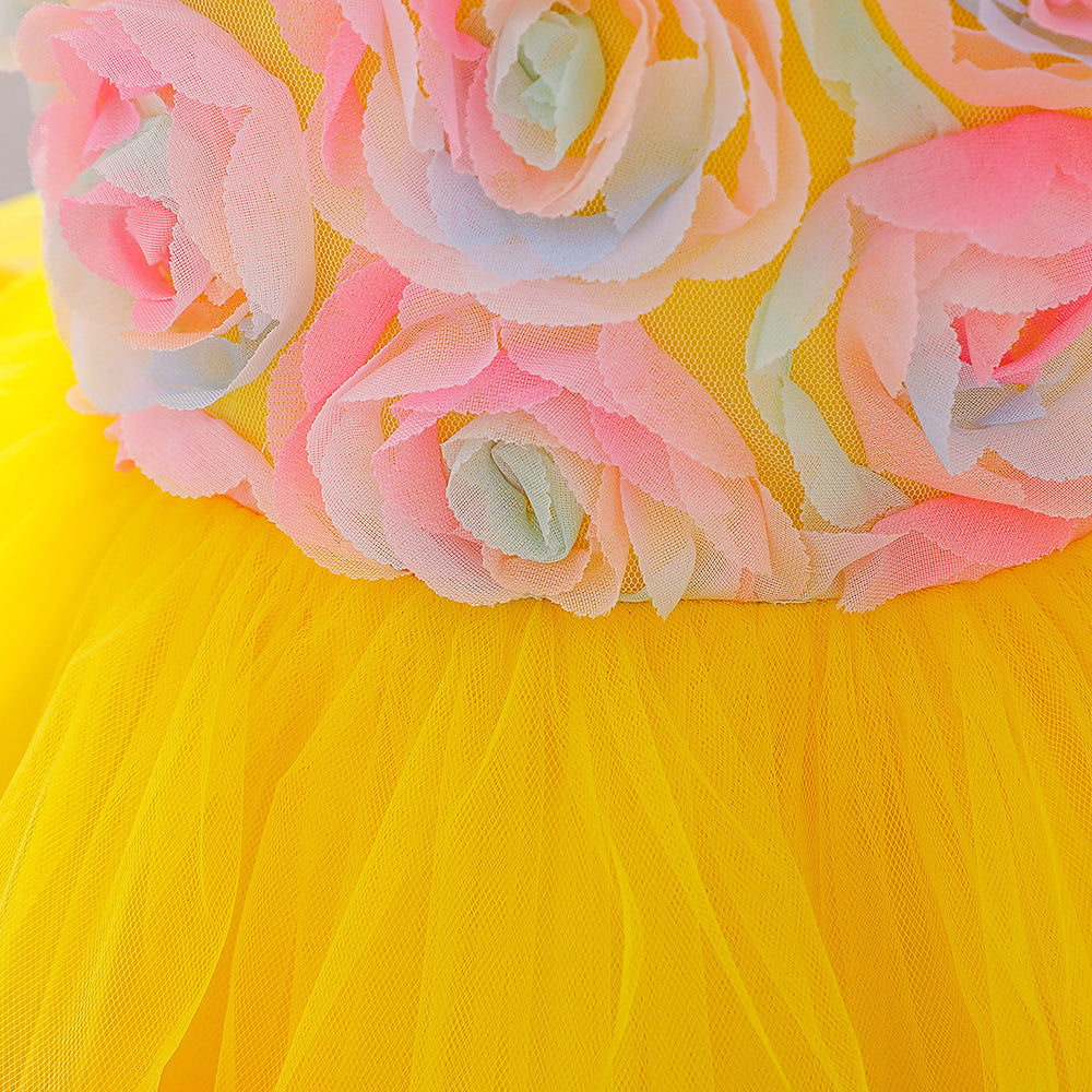 Girls Yellow Floral Round Neck Bow Fit & Flare Dress