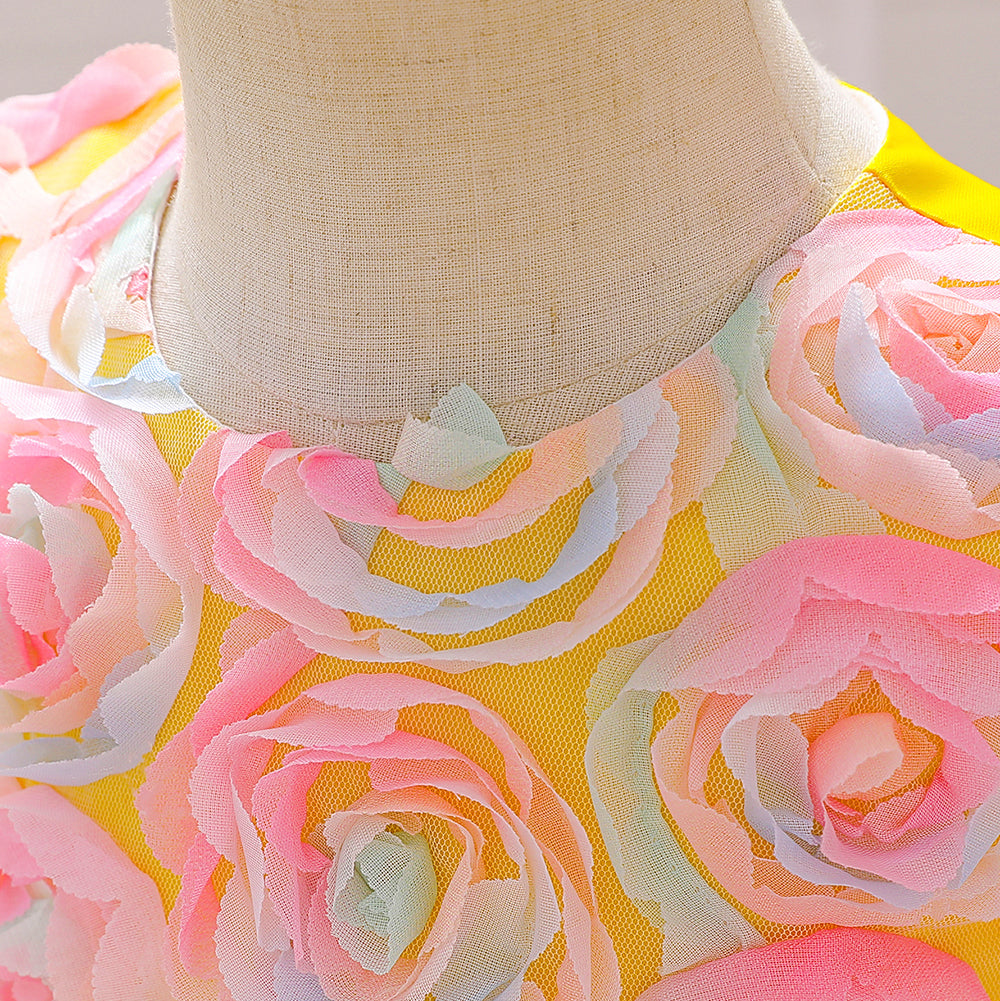 Girls Yellow Floral Round Neck Bow Fit & Flare Dress